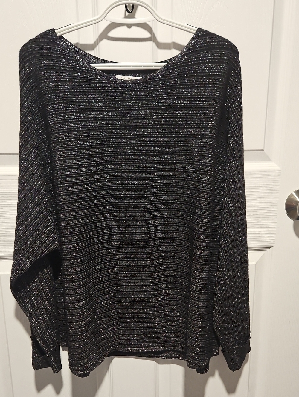 Milano Black Metallic-Striped Rib Knit Crew Neck Sweater